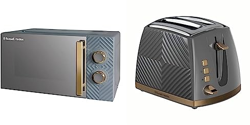 Russell Hobbs 17 Litre 700W Grey Solo Manual Microwave With Groove Design & 26392 Groove 2 Slice Toaster, Tactile 3D Design Bread Toaster with Frozen, Cancel and Reheat Settings, 850 Watts, Grey