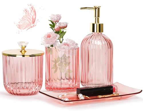 Jenseits Pink Bathroom Accessories Set, 4 Pcs Glass Bathroom Accessory Sets, Soap Dispenser, Toothbrush Holder, Qtip Holder, Vanity Tray, Housewarming Dorm Apartment Decor Home Essentials Gift For Her