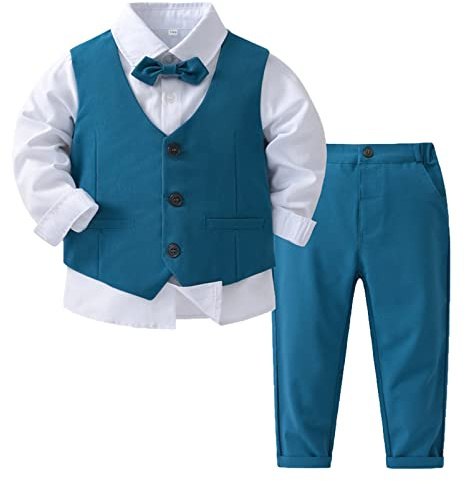 Alvivi Smoking da Bambino Abito Completo da Battesimo Bimbo Completini da Cerimonia Neonato 4 Pezzi Gilet Camicia Fiocco Pantaloncini Set di Vestiti Formale Tuta per Festa Blu 12-18 Mesi