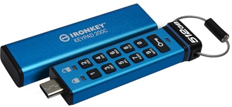 Kingston Ironkey Keypad 200C 512GB Unidad Flash USB Cifrada | Teclado Alfanumérico | Acceso Multi-Pin | XTS-AES 256-bit | FIPS 140-3 Nivel 3 Certificado (Pendiente) | IKKP200C/512GB, Azul