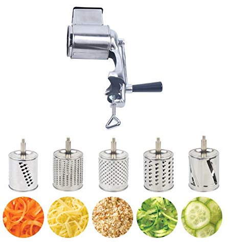Gemüsehobel Edelstahl Trommelschneider Grater Trommelreibe,mit 5 austauschbaren Trommelklingen Gemüse Salat schneider Manuelle Höhe der Klinge 8 cm(Silber)