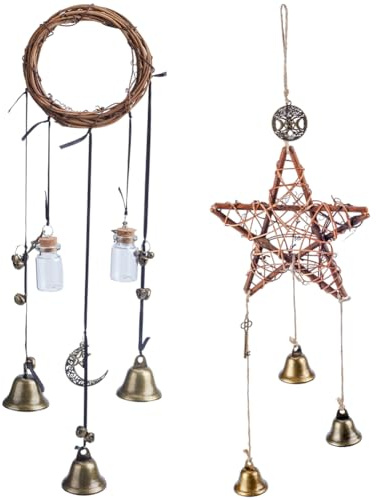 GORGECRAFT 2 Stil Hexenglocken Magische Windspiele Rattan Und Legierung Türknauf Hängeglocken Türknaufaufhänger Hexerei-Dekor Wicca-Glocke Für Zuhause Schutz Tür Auto Wanddekoration Segensgeschenke