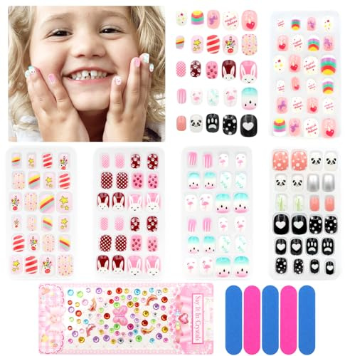 ZOCONE 120 Pezzi Unghie Finte per Bambini, Colorate Unghie Finte Acriliche Pre-incollato Decorazioni per Unghie Finte Bambina Ragazza Manicure Decorazione Nail Art Fai da Te (D)