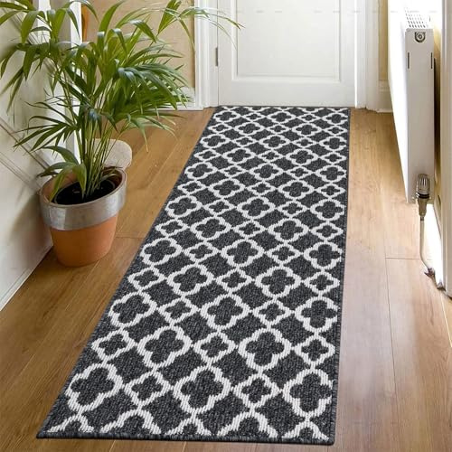 SHACOS Läufer Flur rutschfest 50x150 cm, Teppichläufer waschbar, Schwarz | Küchenteppich mit Gummirücken, schmutzabweisender Teppich Läufer, Modern Flurteppich für Küche, Eingang, Schlafzimmer