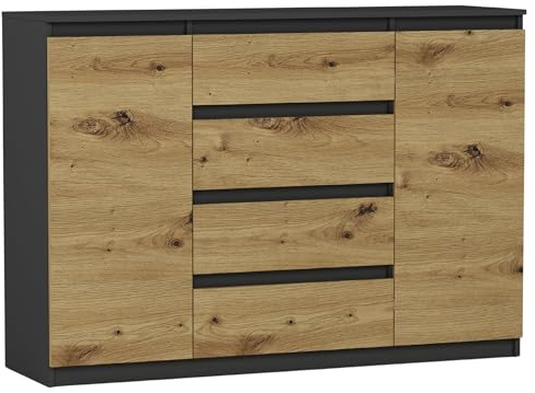 Framire Highboard Anthrazit/Artisan Eiche 140x40x98 cm – Sideboard mit 4 Schubladen & 2 Türen, modernes Schrankmöbel für Wohnzimmer, Esszimmer & Schlafzimmer, Modern R-140-S4