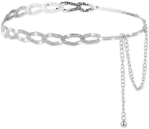 Andibro Strass Taillengürtel für Damen, Kristall Taillenkettengürtel Verstellbarer Diamant O Ring Bauchkette Silber Metall Kettengürtel Glitzergürtel für Abendkleid Jeans Kleider