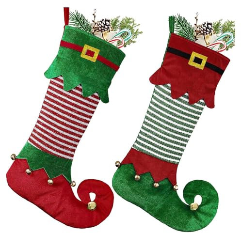 Lunaanda Calze di Natale, Set da 2 Grandi Calze Natale Personalizzabili, Calze Natalizie da Appendere Borsa Regalo Rosso e Verde con Campanelle per Decorazioni di Camino e Albero di Natale, 56 x 18 cm