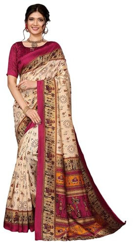 TRAFAART Indisches Sari-Kleid für Damen, aus Seide, bedruckt, mit ungenähtem Blusenteil, Cremefarben und Kastanienbraun, 42