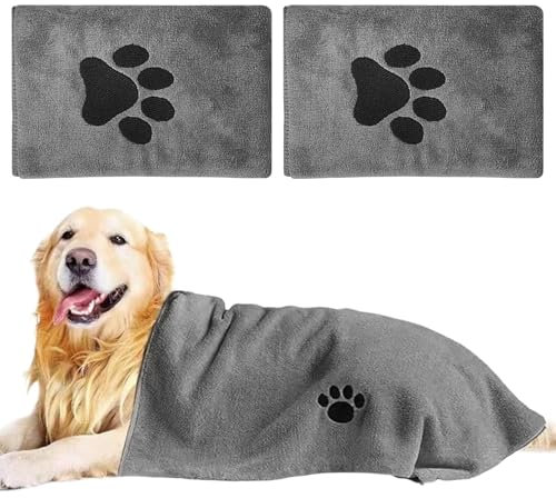 Miraculife Hundehandtuch, 2 Stück Microfaser Handtücher für Hunde Katzen, Grau Schnelltrocknend Haustier Handtuch Extra Saugfähig, 100x50cm Hunde Handtuch für Katzen, Hunde Oder Andere Haustiere