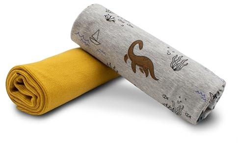 Paquete de tela de 0,5 m de jersey + 0,5 m de tela para los puños para coser ropa infantil, tela de jersey (dinosaurio acuático gris jaspeado + RIB mostaza Set06)