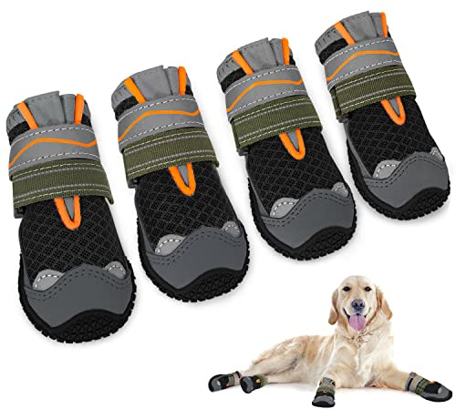 SlowTon Stivali per Cani, Protettore Traspirante della Paw del Cane, Doppio Regolabile e Lavabile Antiscivolo Scarpe per Cani con Striscia Riflettente, Comodi Stivali da Passeggio del Cane per Cani