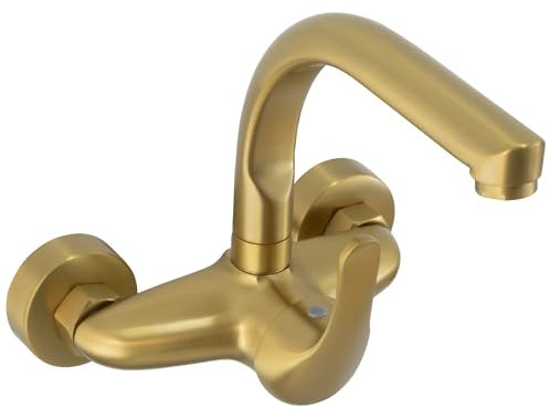 VALAZ Wasserhahn Küche Wandmontage Gold Gebürstet | Küchenarmaturen Einhebelmischer, Wassersparend, Hochdruck, Schwenkbar, Einfache & Schnelle Montage | Messing, Elegant, Edelstahl, Rund