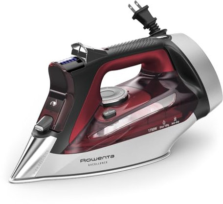 Rowenta, Iron, Focus Excellence Stainless Steel Soleplate Steam Iron for Clothes, Retractable Cord, 400+ Microsteam Holes, Powerful steam, LED Display, 1750 W Ironing Clothes, Cordreel, Red DW5433