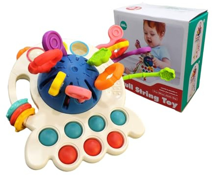 GUCHO Baby Montessori Toys, Silicone Baby Pull String Toy,Baby Sensory Toys,Car Seat Aeroplane Travel Toddler Boy & Girl Toddler Birthday Gifts(Blue)