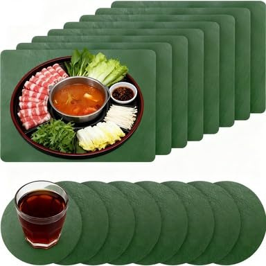 8er Set 43x30cm Platzsets und 10cm Untersetzer, Grün Grau Tischunterlage | FUNSUEI Abwaschbar Kunstleder Hitzebeständig für Küche Esszimmer