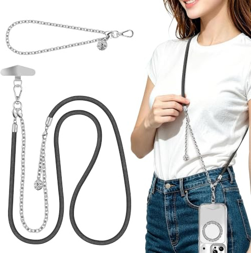 ROCONTRIP 2-In-1 Mobile Phone Lanyard Adjustable Crossbody Phone Chain Strap with Detachable Metal Wrist Strap, Neck Strap for Most Phones with Metal Tether Tab (Black+Silver)