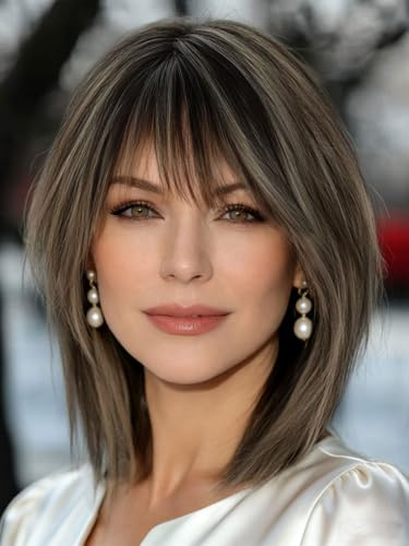 Webshaiy Perücke Damen Kurz Bob mit Pony Voluminöser Look für Reife Frauen Graabdeckung & Mama, Cool Brown Mix Blonde Layered Bob Wig Glatte Synthetische Perücken with Human-Hair-Like Fiber