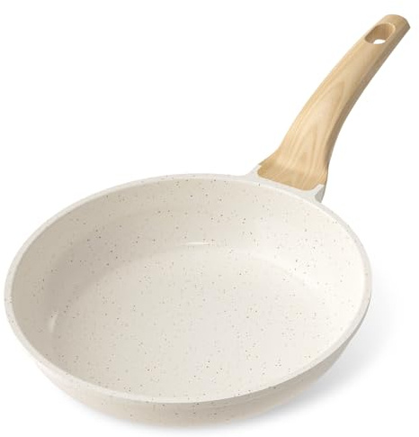 YASHE 24cm Nonstick Frying Pan, Granite Coating Skillet for Eggs, Pancakes and Bacon, Induction Compatible, Easy to Clean, PFOA-Free with Stay-Cool Handle, White