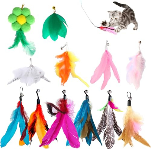 TFLPUO 12 Stück Interaktives Katzenspielzeug, Katzenangel Feder Katzenspielzeug Angel Set Ersatzfedern Anhänger Bunte Katzen Spielzeug Cat Feather Toy für Kitten