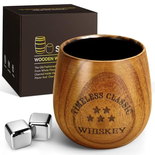 SALUNA Wooden Whiskey Glass Set, Charred Wooden Bourbon Drinking Glass, Whisky Glasses Bourbon Gifts for Men, Dad or Brother on Birthday Christmas Anniversary Retirement 10 OZ