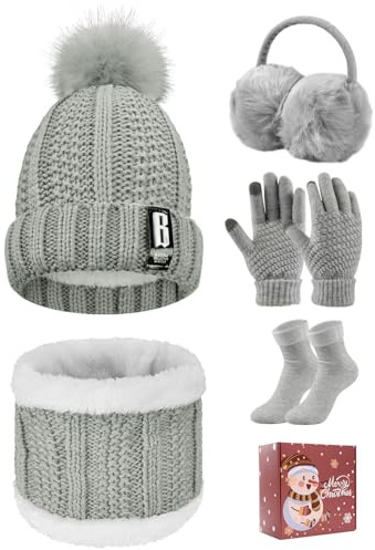 Tuopuda Ensemble Bonnet Écharpe de Doublure Polaire Gants 5 Pièces Tricotés Ensemble de Ski d’Hiver de Femmes Beanie Foulards Cache-Oreilles Chaussettes, Gris Avec Boîte cadeau