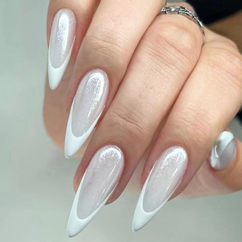 Virellay 24 Stück Lang Mandel Pearl Weiß Glitzer Fake Nails - Künstliche Stiletto Nägel, glänzend, press on nail, Full Cover fingernägel mit Nagelkleber - Geeignet DIY Nageldesign für Frauen