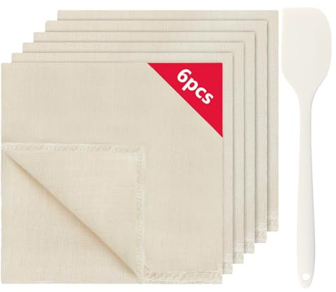 YINKIGI Cheese Cloths for Straining 6Pcs, 50x50cm Muslin Cloth with Spatula | Unbleached Pure Cotton Muslin Cloths for Cooking, High-Density & Hemmed for Filtering Cheese, Nut Milk, Yogurt & Baking
