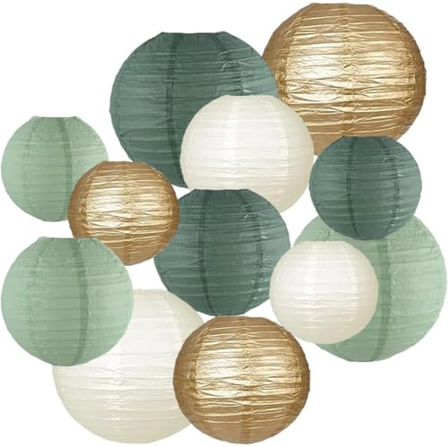 Luxorium 12 Lanterne Cinesi Volanti Decorazione Compleanno Matrimonio Verde Salvia Crema Dorato per Festa Giardino