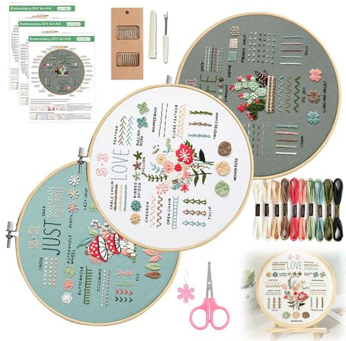 Seefey Stickset für Anfänger Erwachsene, Embroidery Kit mit Sticktechniken, Bambus-Stickrahmen, Schere & 10 Farben Stickgarn, Sticken für Anfänger für Nadelarbeiten, Kreuzstich & Stickerei