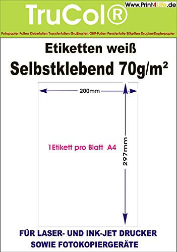 trucol 100 Etiketten selbstklebend 200x 297 mm (100 Blatt DIN A4), geeignet für Inkjetdrucker-, Laserdrucker und Kopierer