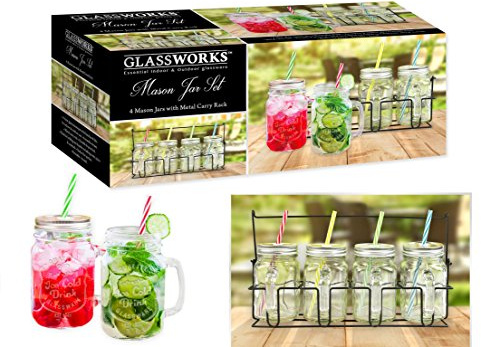 Mason Jar Drinking Mugs Carry Rack Cocktail Jars Summer 400ml Includes Re-usable Straws