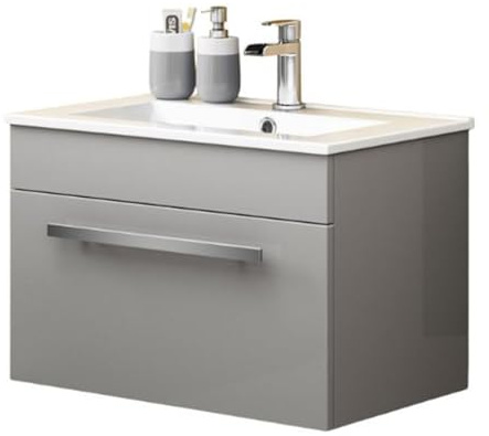 iBathUK Avon Wall Hung Vanity Unit with Basin, Slim Edge Ceramic Wash Basin for Bathroom Furniture, Storage Cabinet with 2 Doors- Light Grey (Flat Pack)