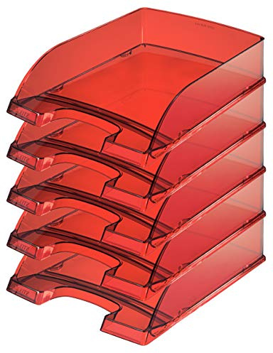 Leitz 5226 Plus Briefkorb, 7 cm Höhe, stapelbar, Transparent (Rot, 5er Pack)