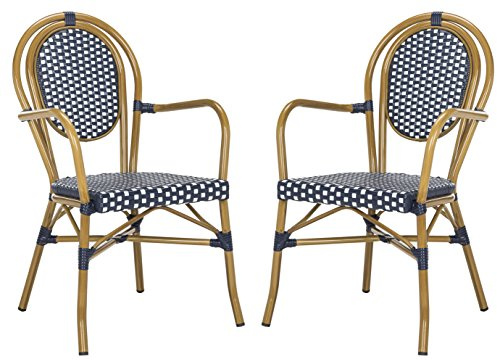 SAFAVIEH Outdoor - Rosen Bistro Arm Chair Set of 2 - Navy & White - Faux Wicker & Aluminum Frame - French Bistro Curved Design - Ideal for Patio, Deck, Sunroom, Dining, 17 Seat Height (PAT4014A-SET2)