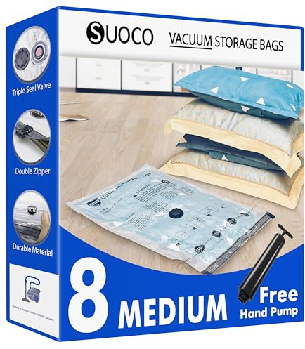 Vacuum Storage Bags 8 Medium, Space Saver Bags with Travel Hand Pump, Compression Airtight Sealer Bags for Clothes, Bedding, Pillows, Comforters, Blankets