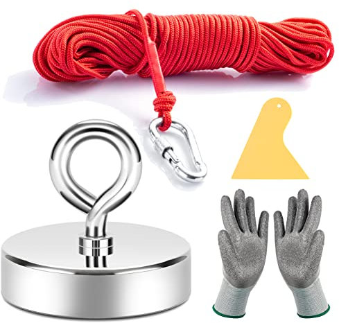 Neosmuk Fishing Magnet, 500 lb+ Giant Rare Earth Magnets with Rope, Large and Big 2.5 inches Diameter Disc Magnetic Fishing Kit for Tools, Heavy Duty and Thick Retrieving Neodymium Magnets with Hole