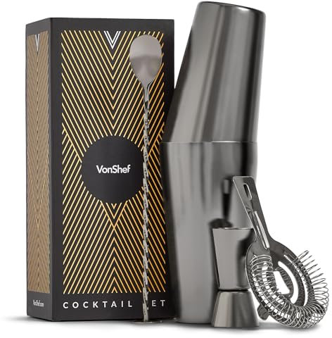 VonShef Cocktail Shaker Set, Graphite 4pc Set with Boston Cocktail Shaker, Bartender Kit with Strainer, Muddler, Jigger & More, Gift Box Included