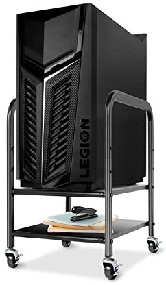 360Tronics Computer Tower Stand CPU Holder, Adjustable Desktop ATX-Case Cart 2-Tier PC Floor Stand, Mobile Rolling CPU Cart with 360Locking Caster Wheels for Office Home (Black)