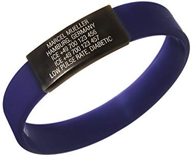 ICEstripe Notfall ID Armband Personalisierte Benutzerdefinierte Medizinische Alarm Armband mit Schwarz Edelstahlplatte inkl. Kostenlose Gravur nach Wunsch Sport ID (Navy Blau, 180)