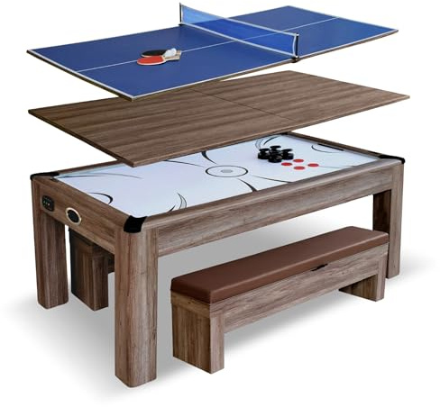 Hathaway Driftwood 84-in 3-in-1 Air Hockey Table with Ping Pong Top & Dining Surface for Game Room – with LED Scoring, 120V Blower, Storage Benches, Paddles, Balls, Strikers, Pucks – Driftwood Finish