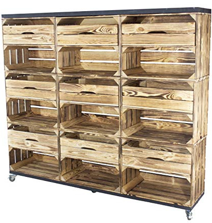 Vintage Möbel 24 GmbH Raumtrenner/Regal aus Kisten und Bohlenbrettern auf Rollen, Kommode 133x150x30cm (Geflammt mit 9 Schubladen)