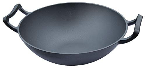 TAINO Wok Pfanne aus Gusseisen Ø 33 cm Wokpfanne mit zwei Griffen Gusseisenpfanne Gasgrill Holzkohlegrill Bratpfanne Schwarz