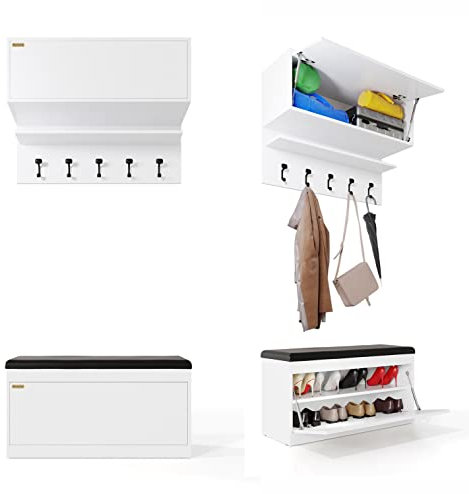 PLATAN ROOM Wand-Garderobe Set mit Garderobenpaneel & Schuhschrank & Hängeschrank 100 cm Flurgarderobe Garderobenset Flur Eiche Holz Weiß (3-TLG. Set, Weiß)