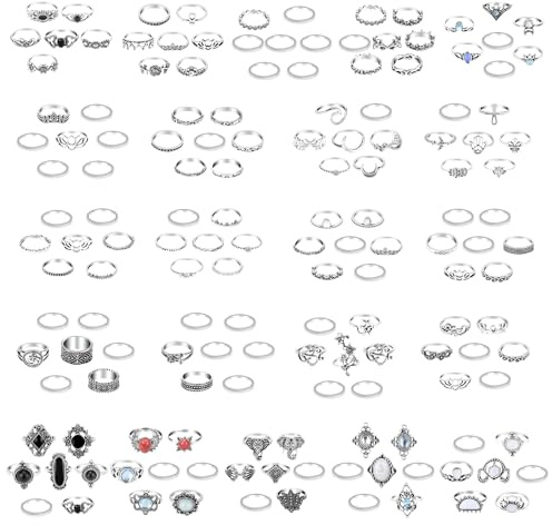ONESING 154 Pcs Knuckle Rings for Women, Vintage Knuckle Rings Set, Stackable Finger Rings Set Bohemian Retro Vintage Jewelry Silver Rings Crystal Joint Rings Hollow Carved Flowe