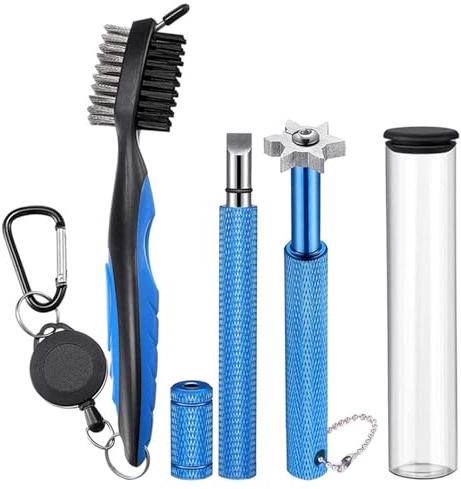 QLECXZI Pulizia di Livello Professionale con affilatrice a Doppia Faccia e Set di spazzole con setole in Nylon. Spazzola per la Pulizia delle Mazze da Golf a Doppia Faccia e, Blu, 11.2x2.3 cm