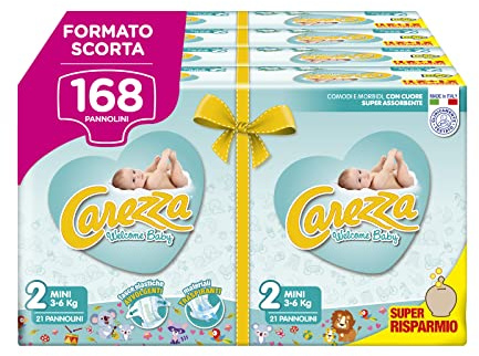 CAREZZA Welcome Baby Mini, Pensato piccolo per i più piccoli, Taglia 2 (3-6 kg), 168 pannolini. (Progettato specificamente per essere piccolo)