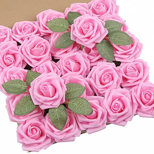 DuHouse 25Pcs Artificial Roses Flowers Fake Roses with Stems Real Touch Foam Flowers for DIY Wedding Bouquet Centerpiece Floral Arrangement Party Home Decor(Pink)