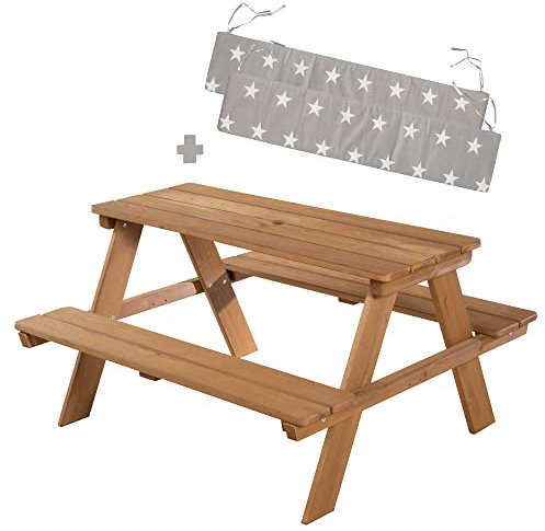roba Kinder Outdoor+ Sitzgruppe inkl. Sitzkissen - Picknick for 4 - Garten Sitzgarnitur aus wetterfestem Massivholz - 4 Plätze - Teak