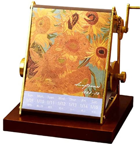 YMXWFC 2022 Tischkalender Ölgemälde-Tischkalender 2022,5.2 x5.3 x4.4, handgekrankter mechanischer Drehkalender mit Massivholzbasis, kreatives Geschenk Desktop-Verzierung