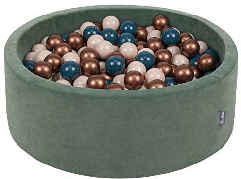 KiddyMoon Rund Bällebad Velvet Bällepool 90X30cm/300 Bälle ∅ 7Cm Ballgruben Für Babys Spielbad Kleinkinder, Hergestellt In Der EU, Waldgrün: Dunkeltürkis/Pastellbeige/Kupferrot